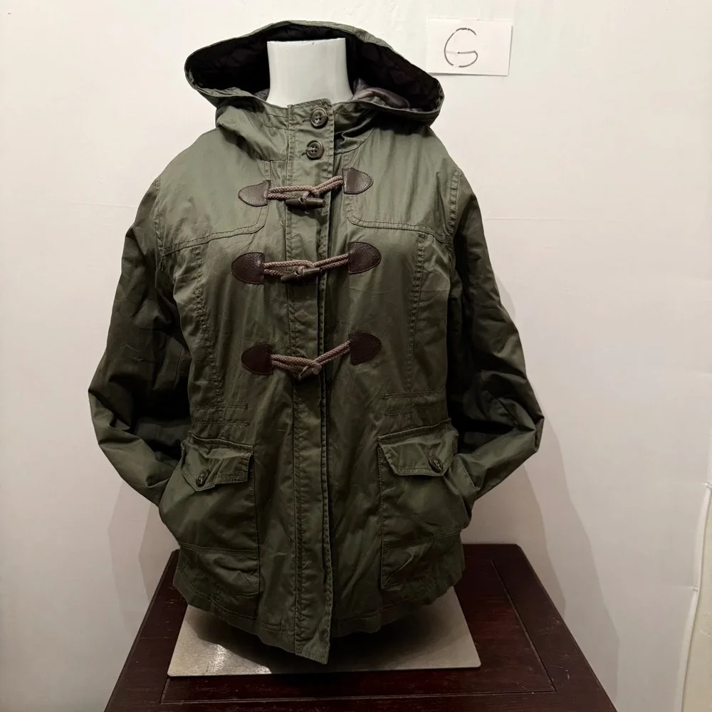 Aeropostale Jacket Utility Toggle Hooded Floral Lined Olive Green Women Large